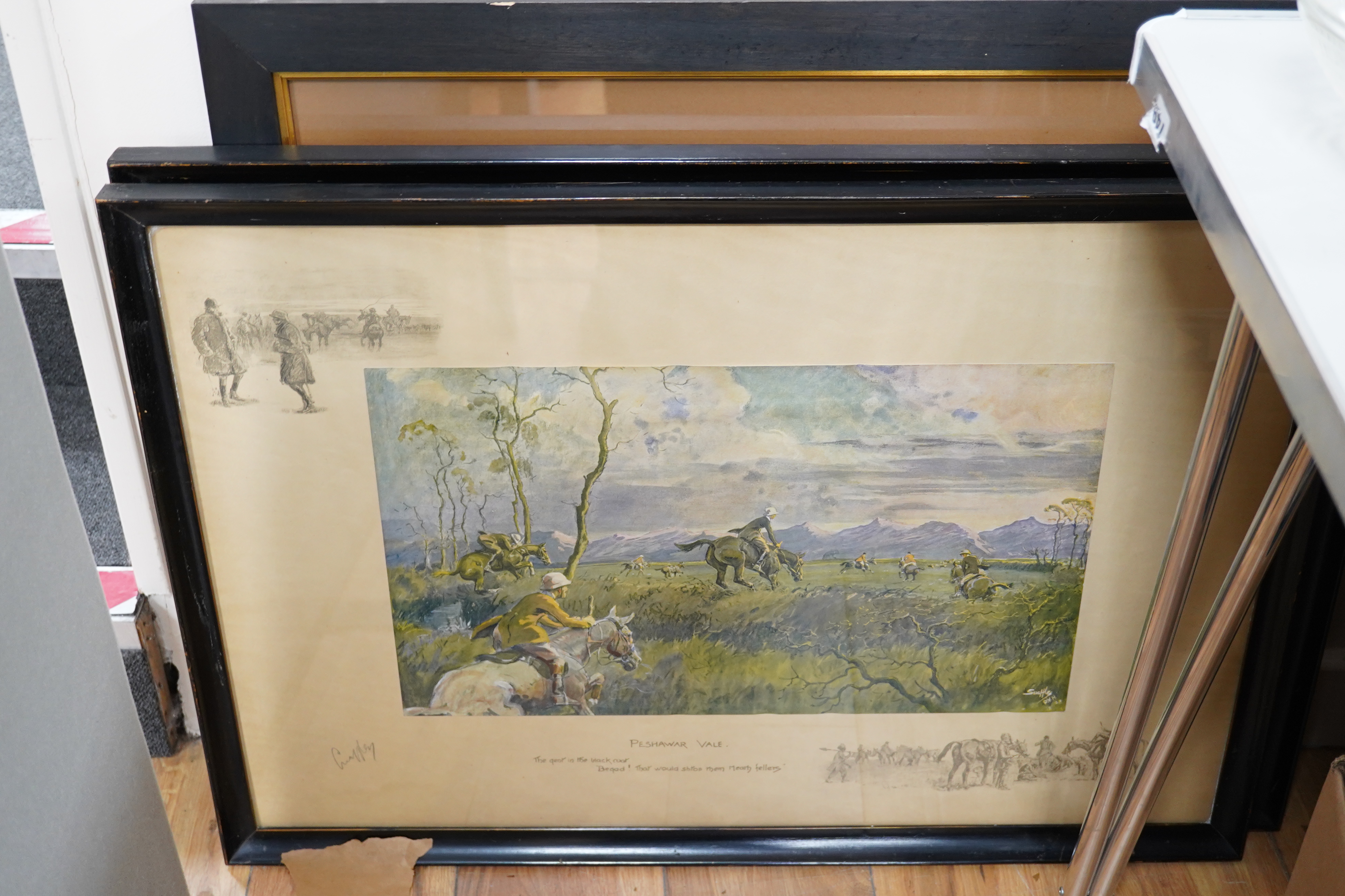 Charles Johnson Payne (1884-1967) 'Snaffles', three colour prints, 'The Informers', 'Peshawar Vale' and 'The Panee', each signed in pencil, two with 'horse bit' blind stamps, largest 50 x 73cm. Condition - fair, some dis